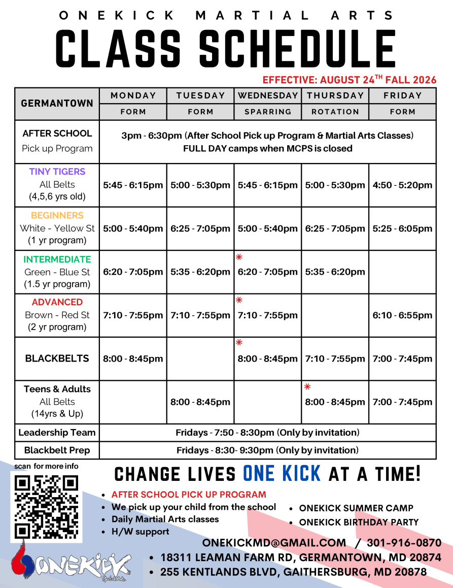 Onekick MA - Class Schedule - Germantown - May 2026