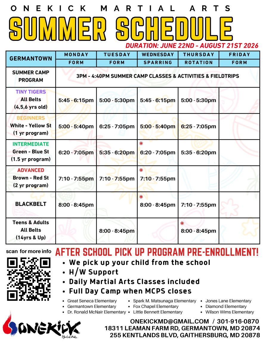 Onekick MA - Class Schedule - Germantown - Summer May 2026